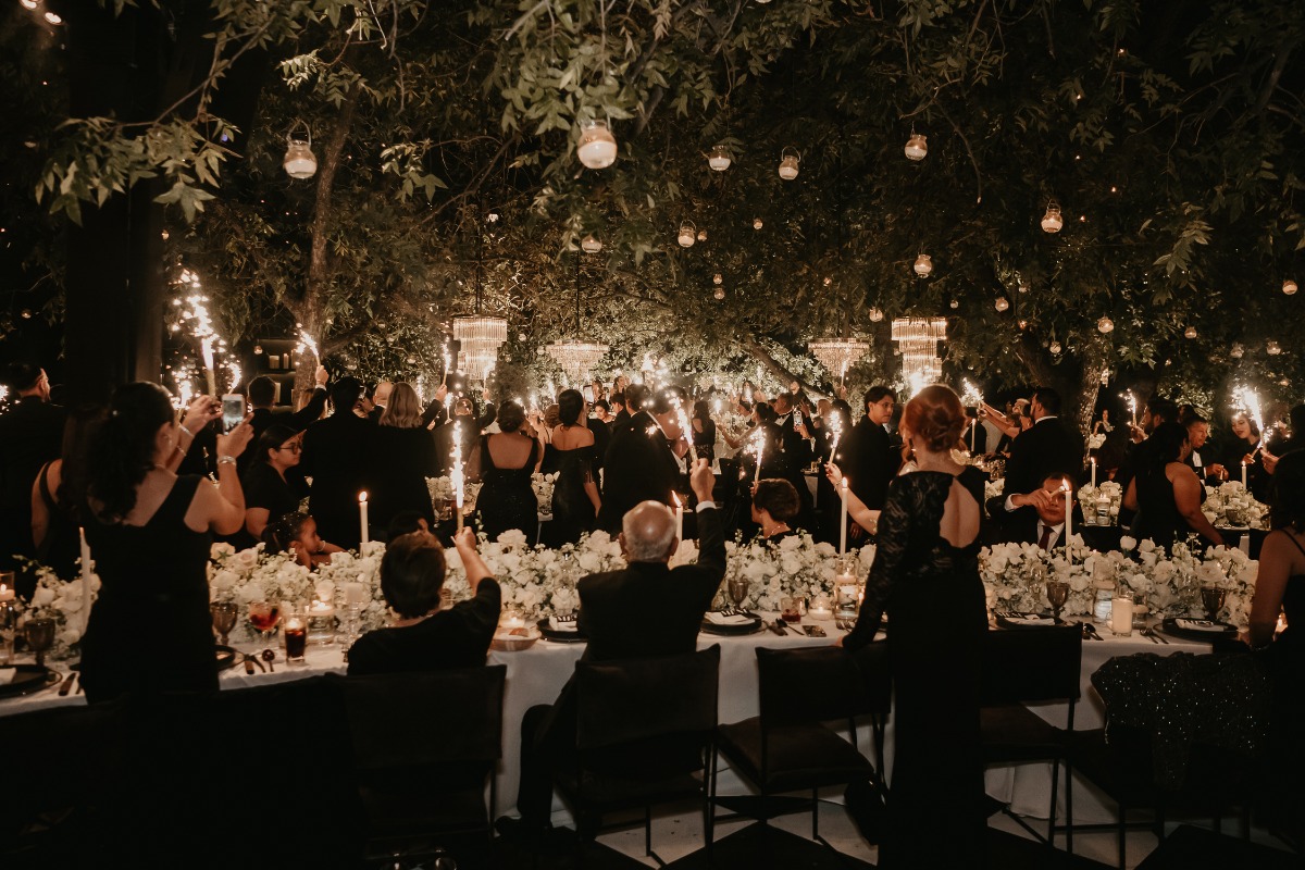 outdoor black and white wedding reception