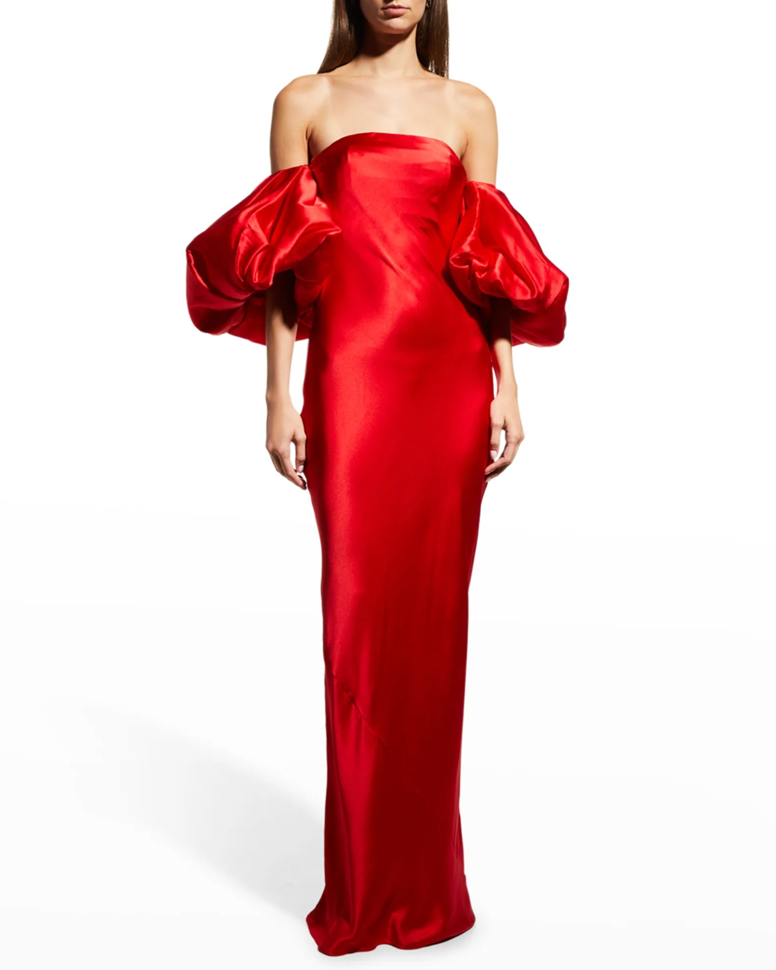 red off the shoulder satin gown with puffy sleeves