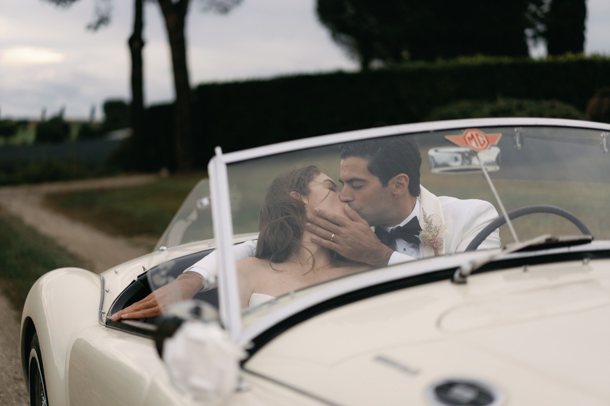 vintage car wedding exit