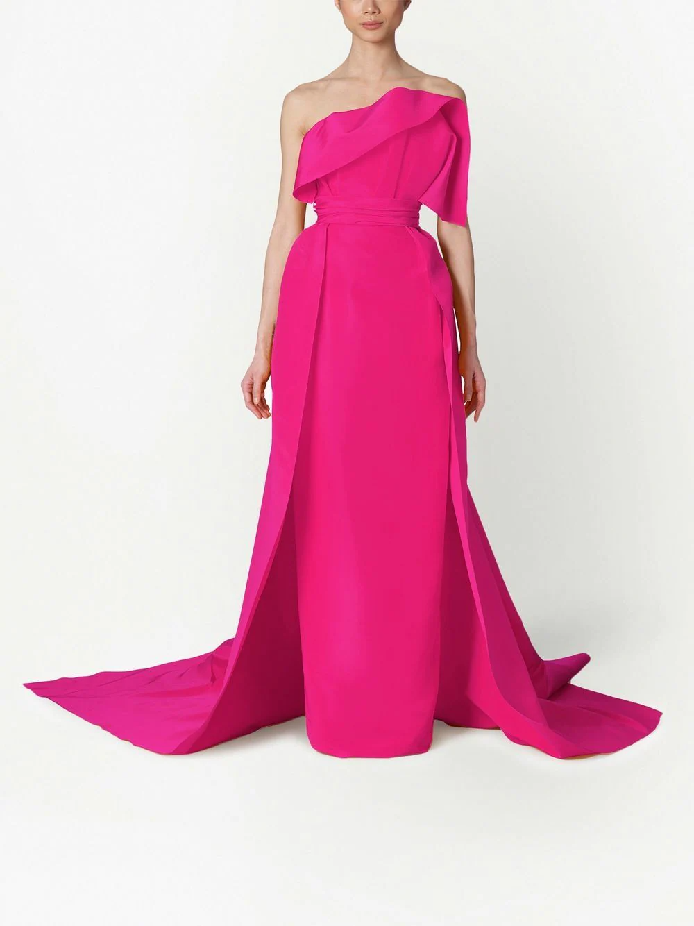 hot pink strapless gown with asymmetrical draping and long train