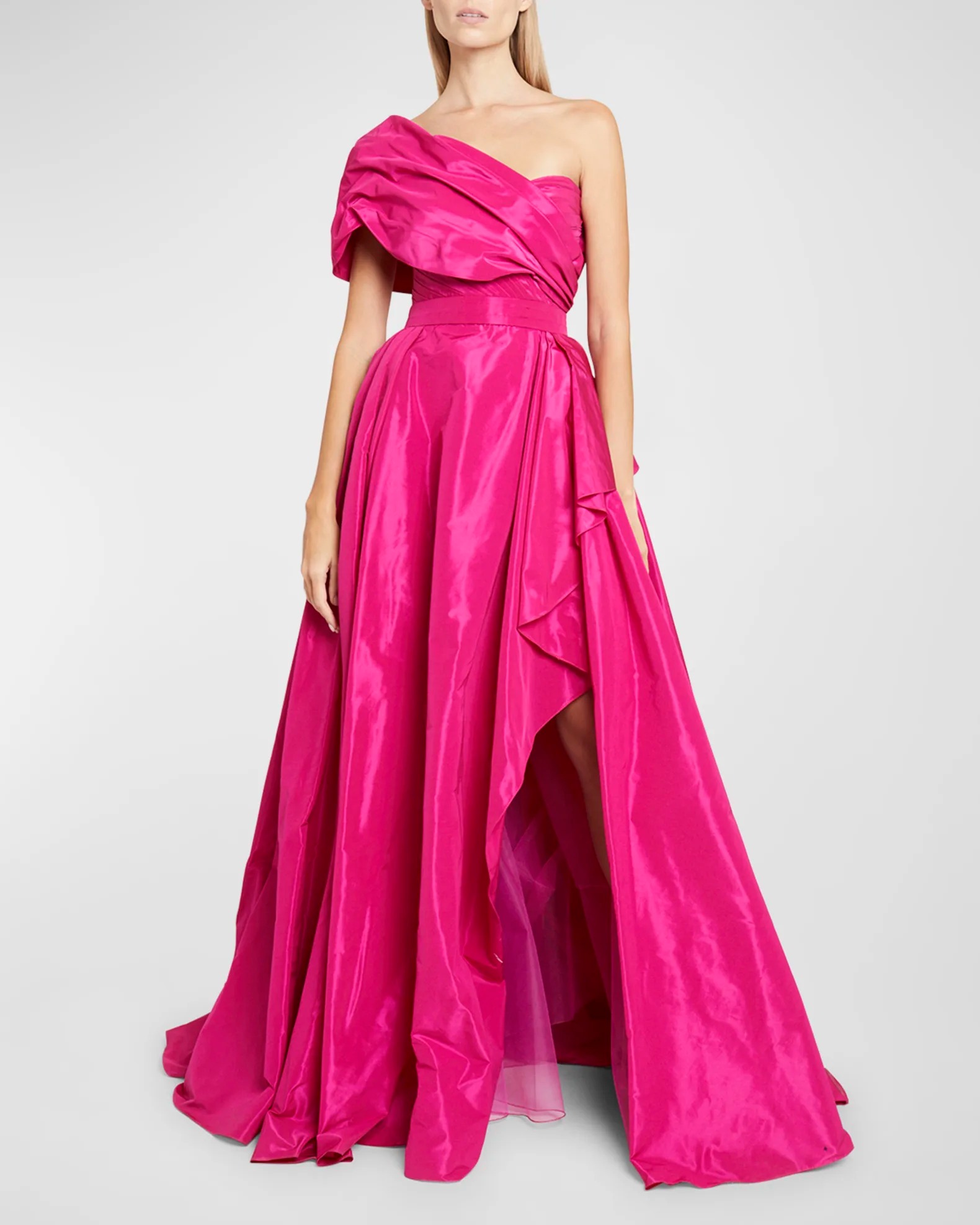 iridescent pink taffeta one shoulder gown