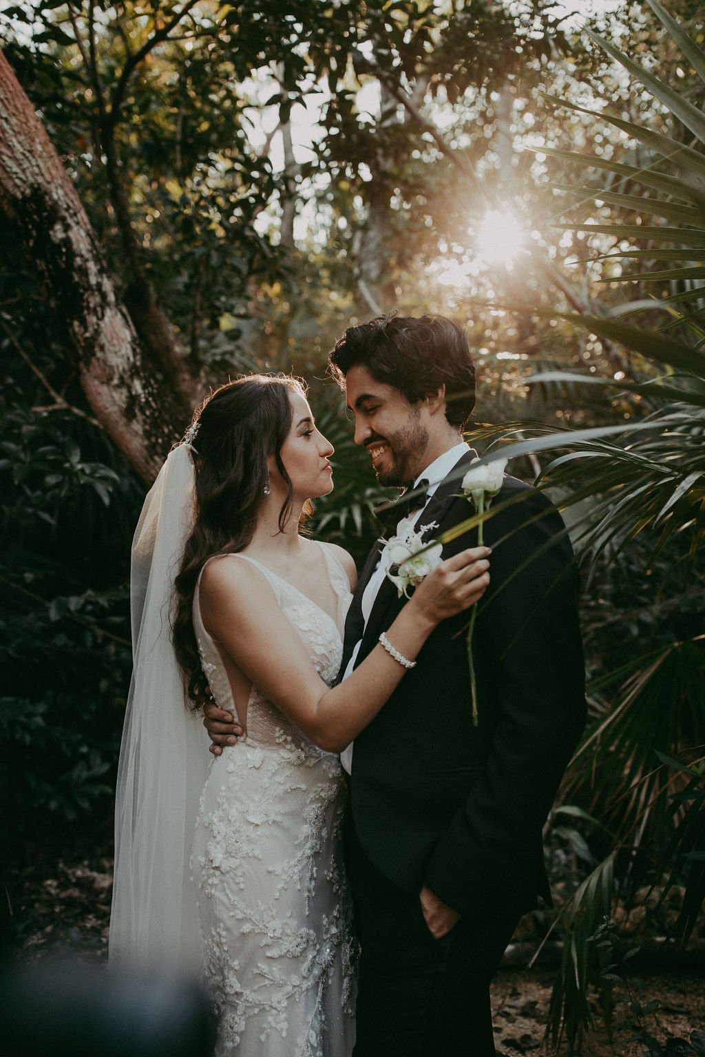 bride and groom in jungle