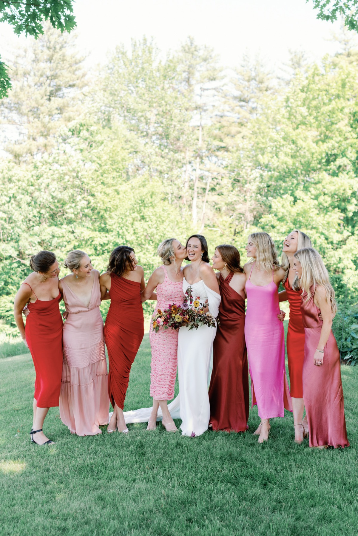Pink and gemstone bridemaids' dresses 