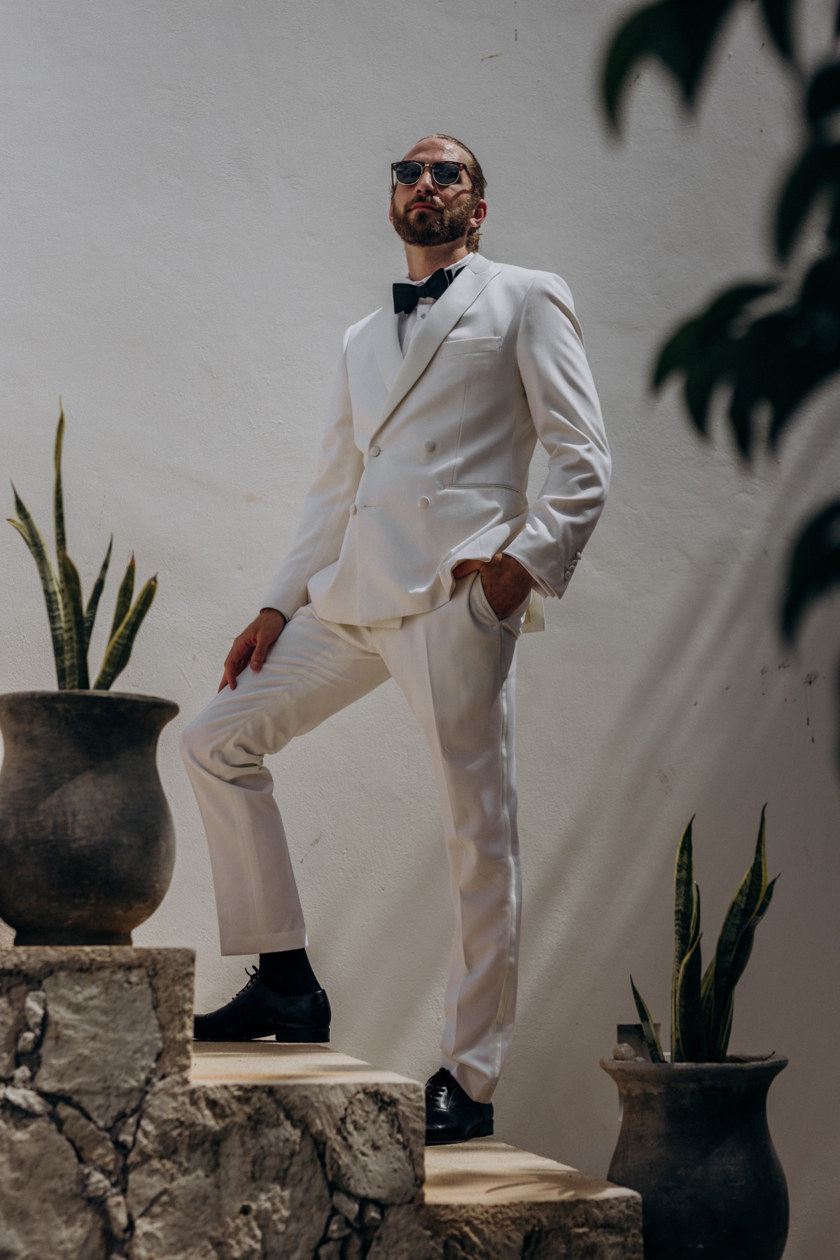 white tux with black accents