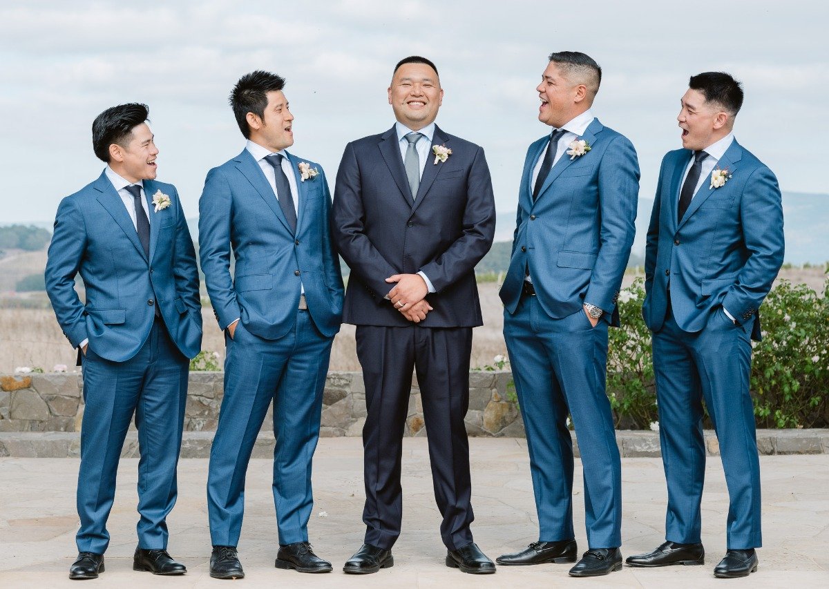 Shiny blue groomsmen suits 