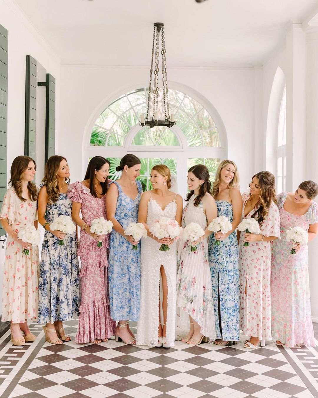 mix and match blue and pink floral bridesmaid dresses
