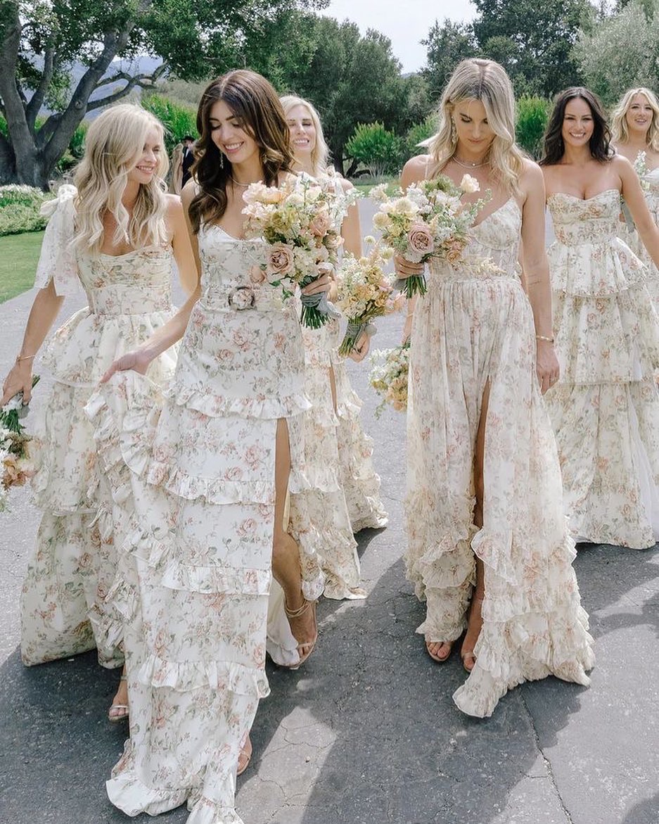 neutral floral mix and match bridesmaid dresses