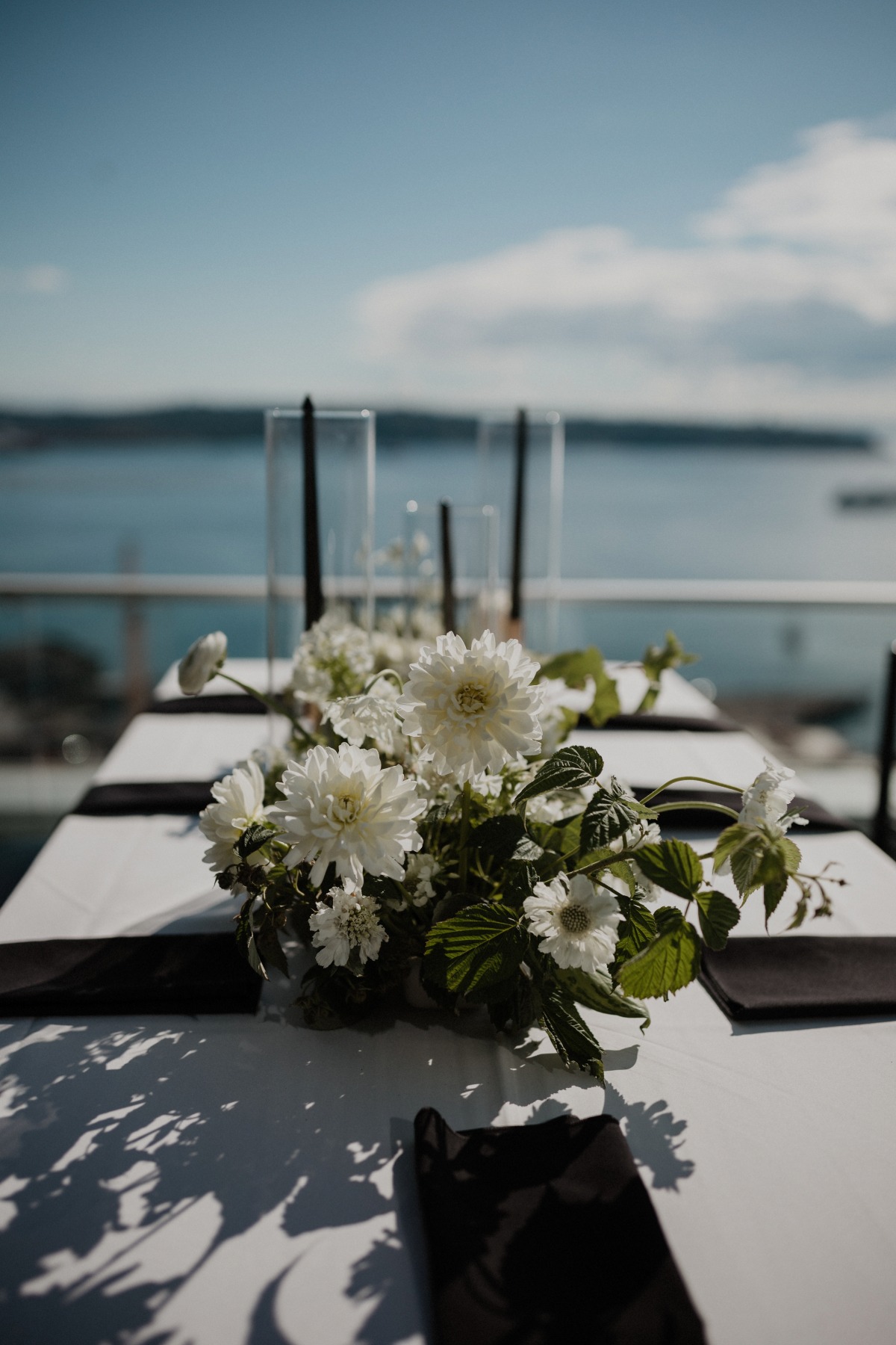 Black and white floral table setting 