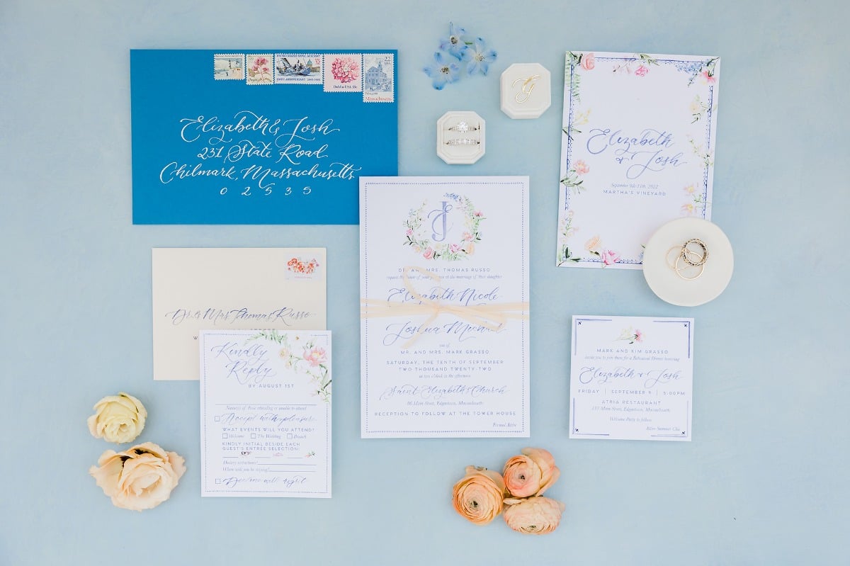 blue and peach wedding stationery