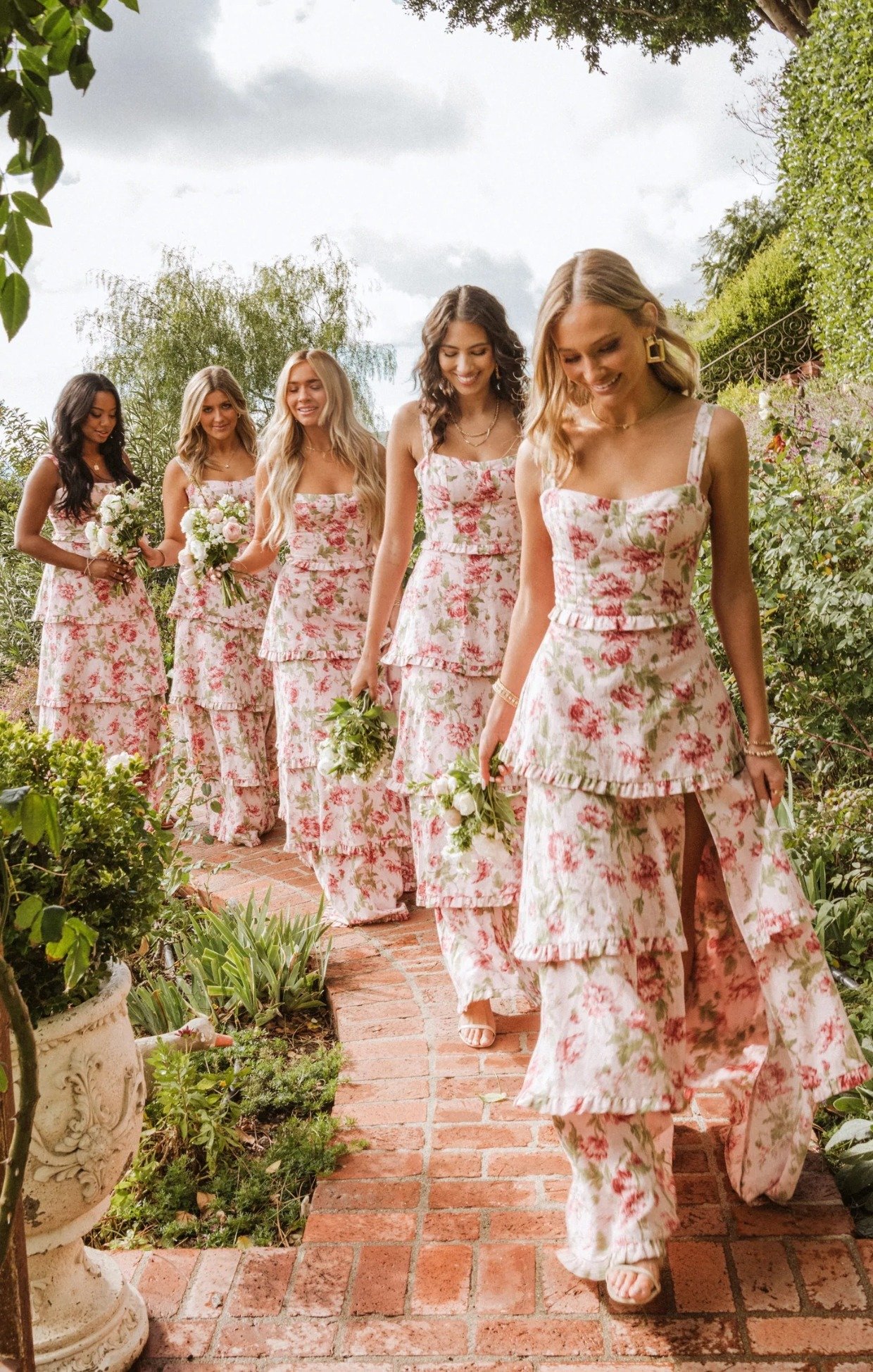 pink floral bridesmaid dresses with ruffles