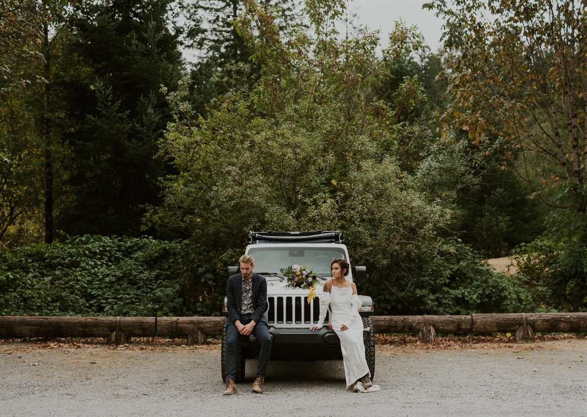 wedding exit car Jeep