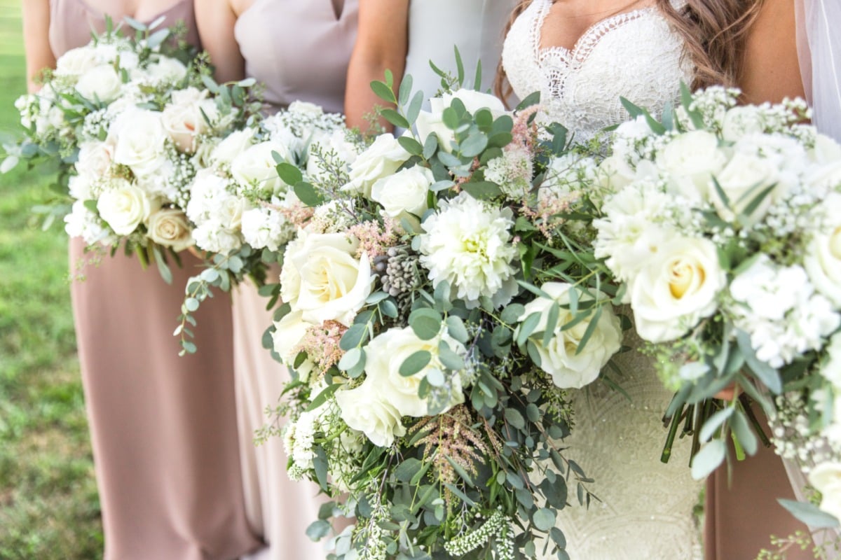 White and green cascading bouquets 