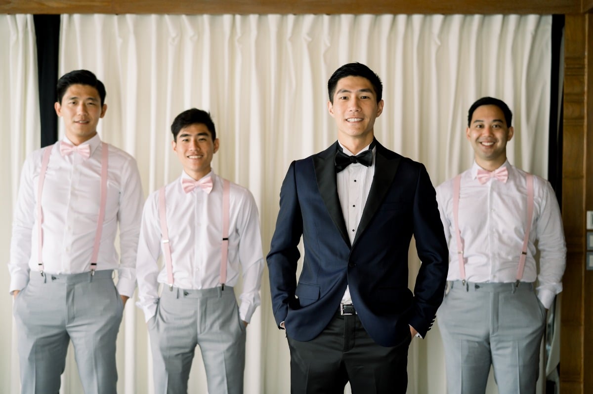 pink and grey groomsmen attire