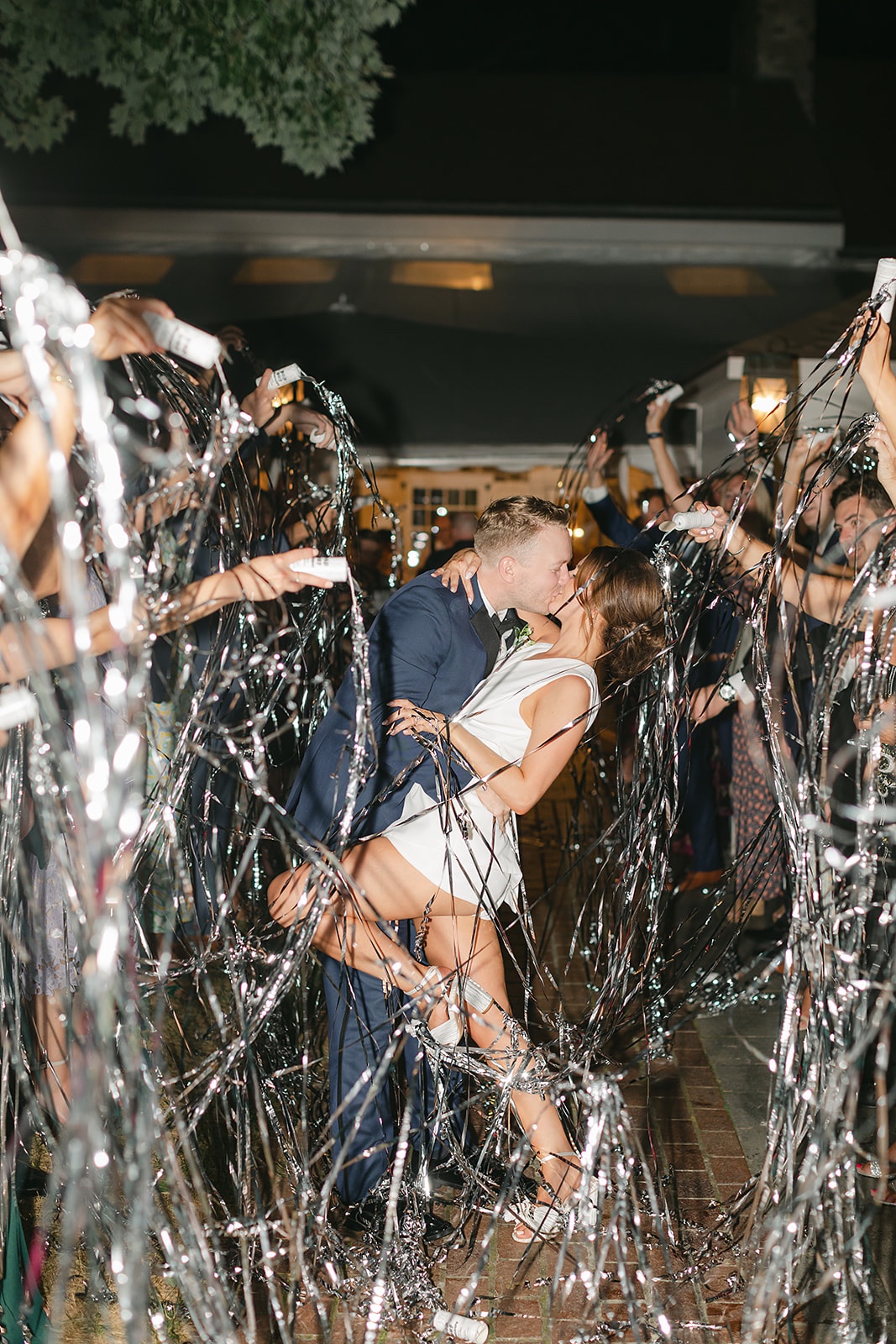 silver streamer wedding exit