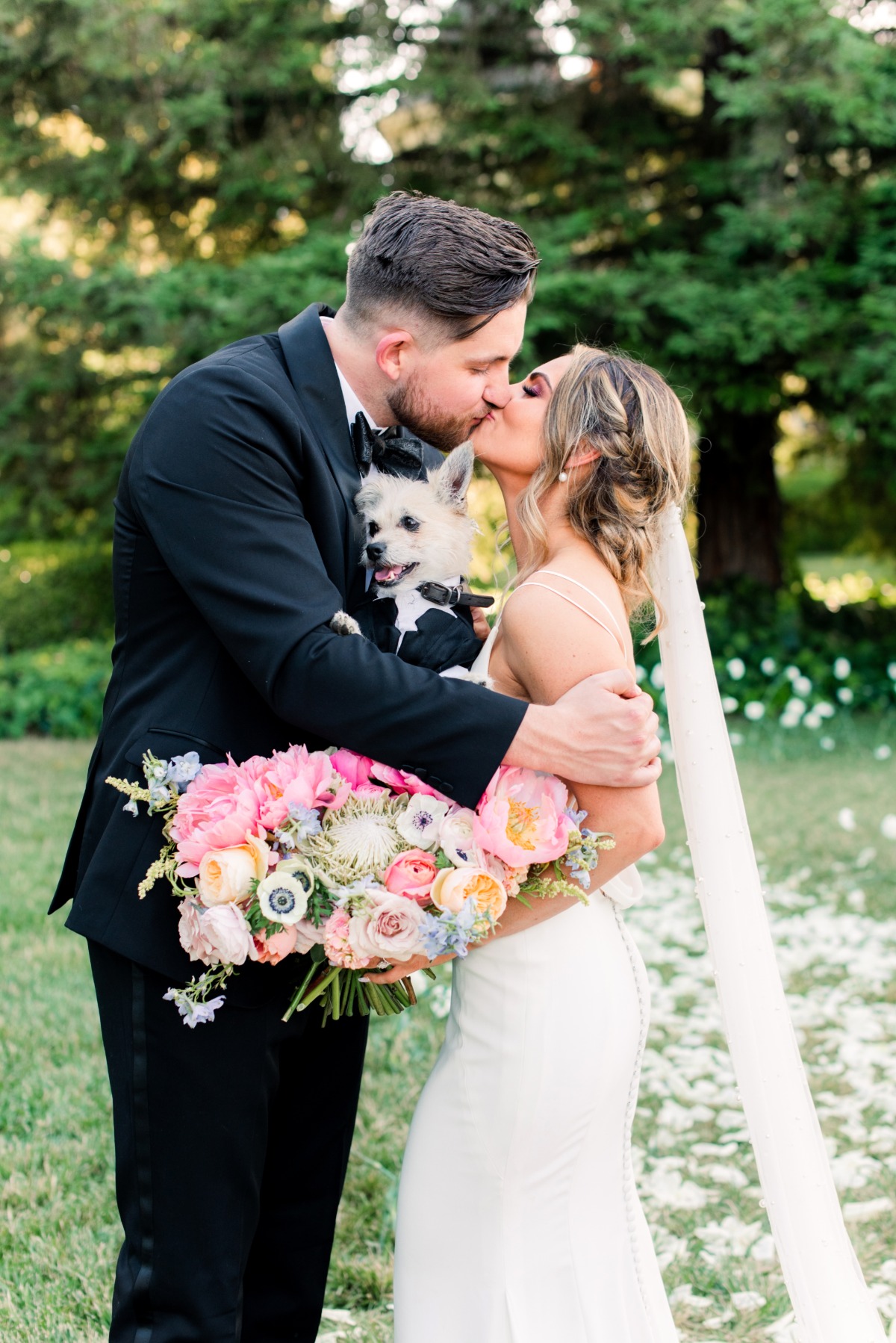 Puppy with newlyweds at pink wedding