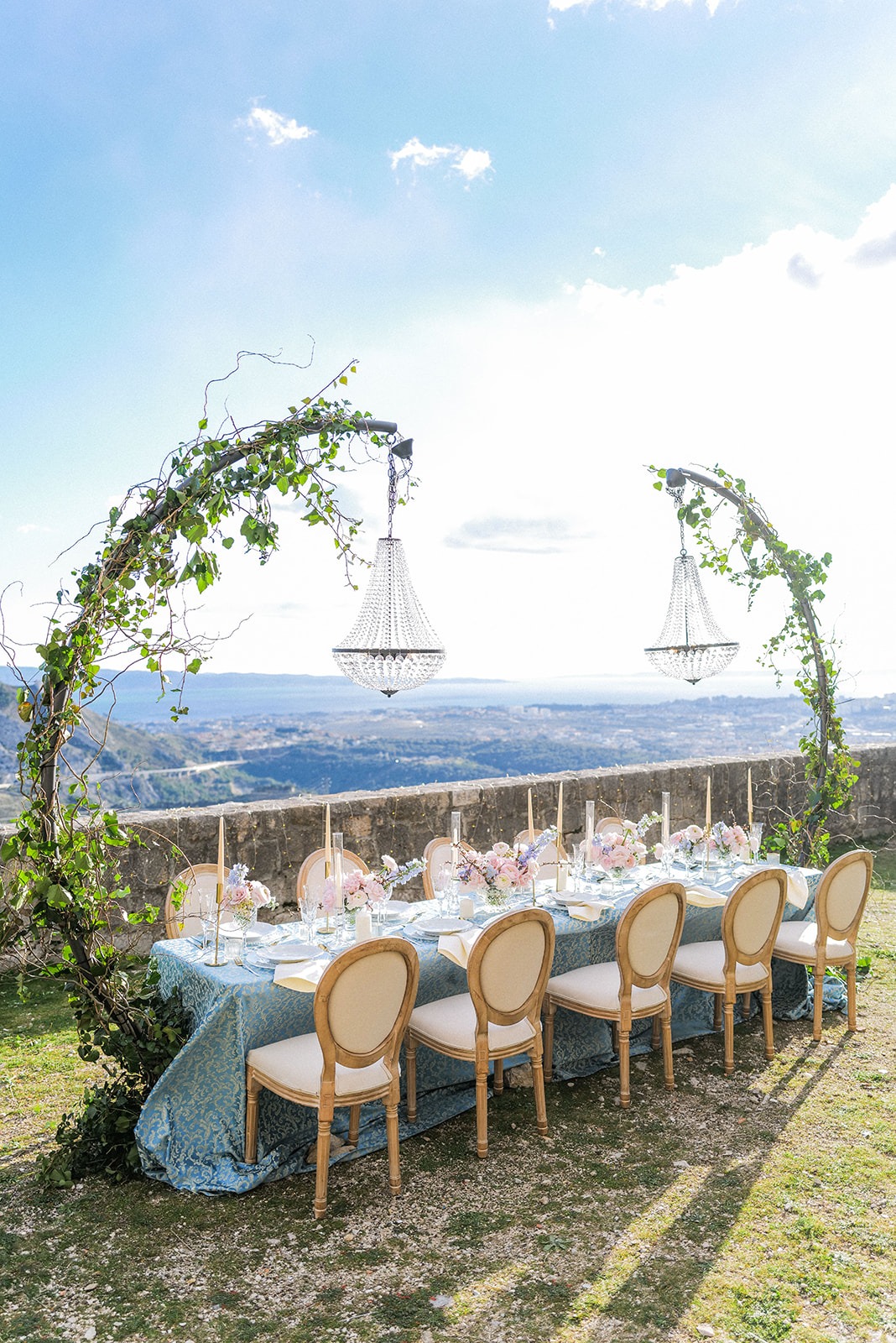outdoor wedding reception with hanging lights