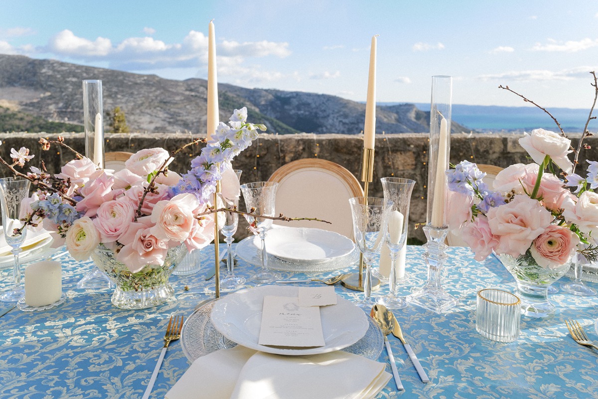 blue, pink and white spring table decor