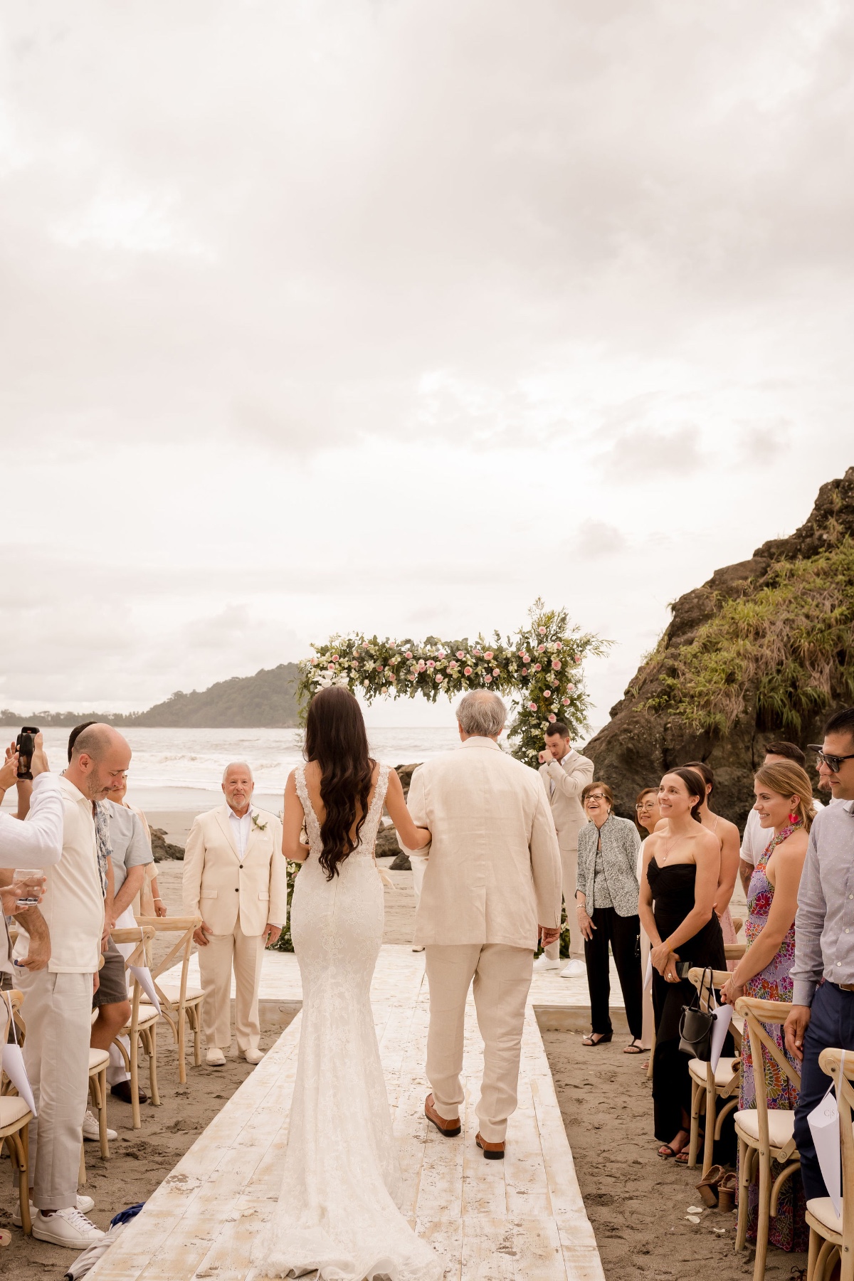 here comes the bride at beach wedding in Costa Rica