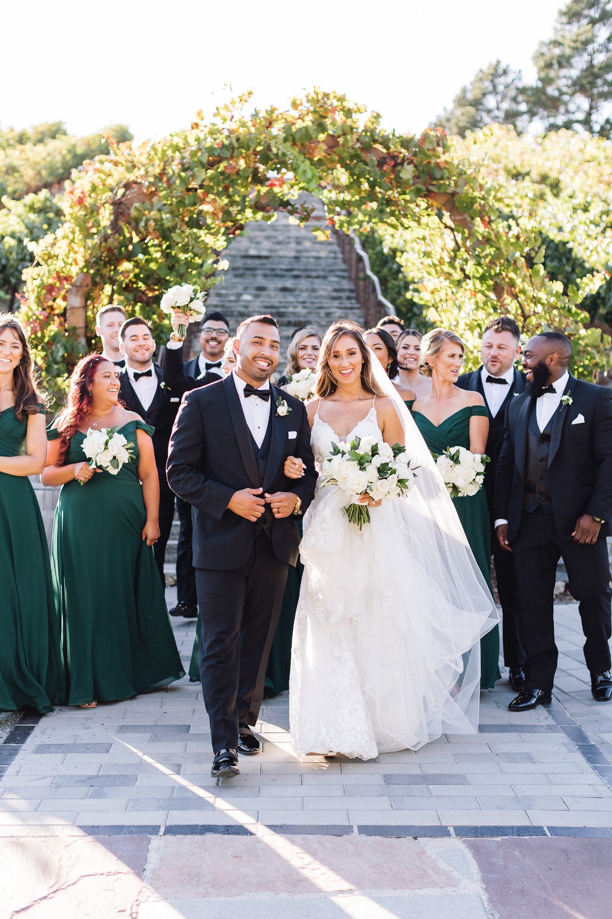 white green and black wedding at a vineyard