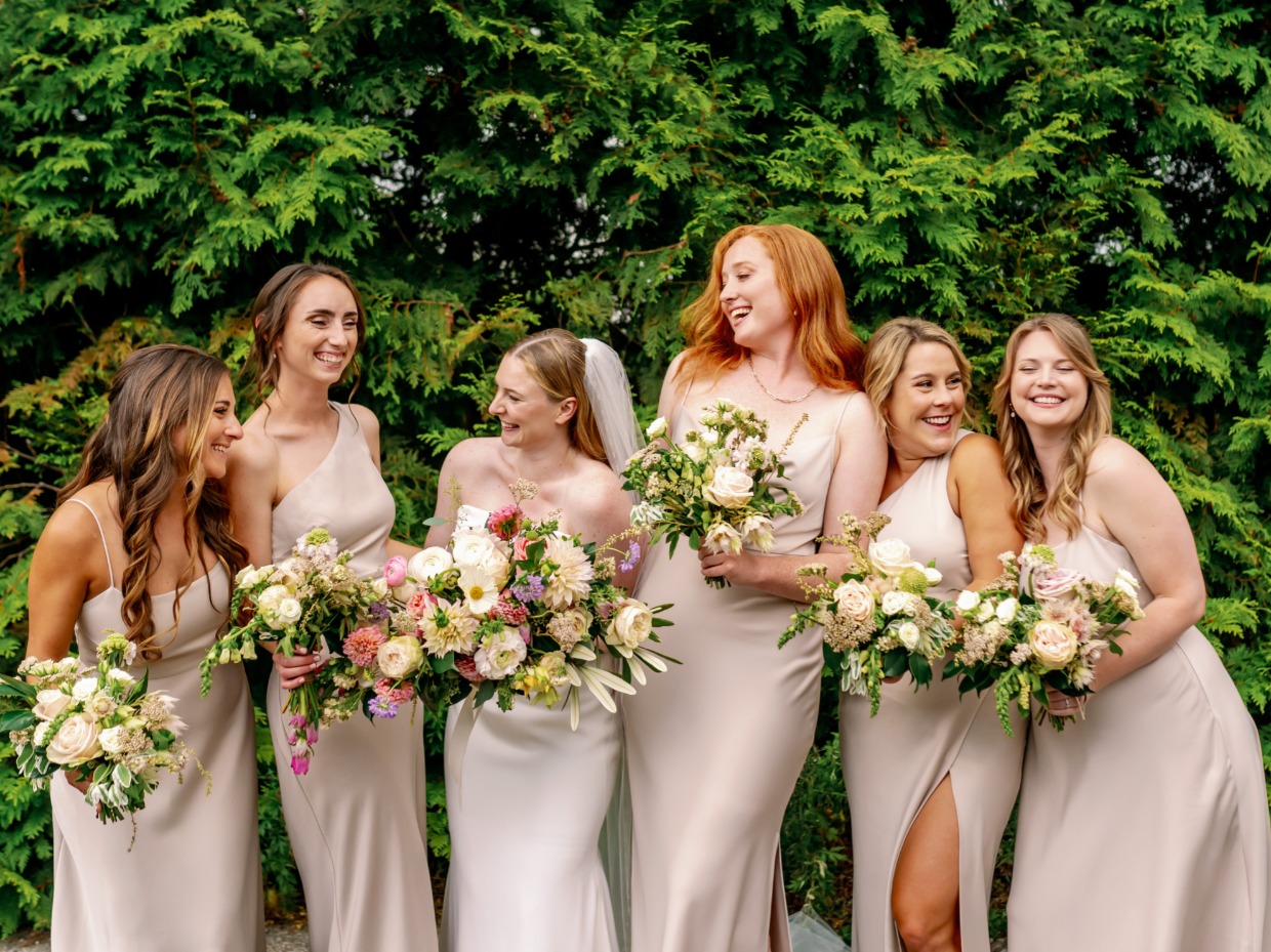 bridesmaids in Champagne dresses