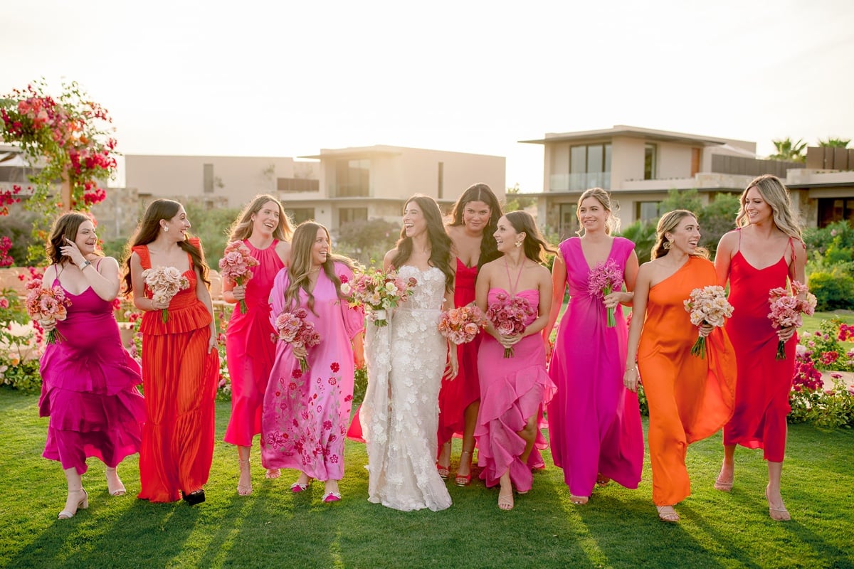 Pink and red colorful bridesmaid dresses