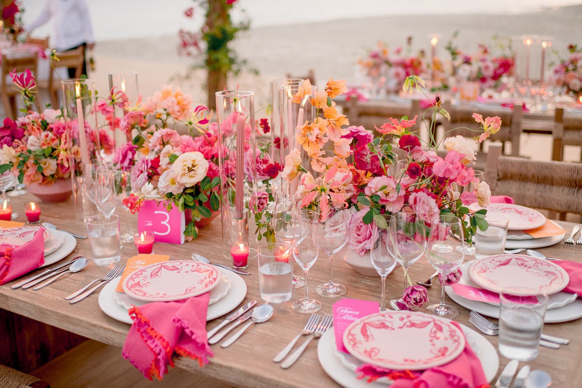 Candlelit pink wedding reception