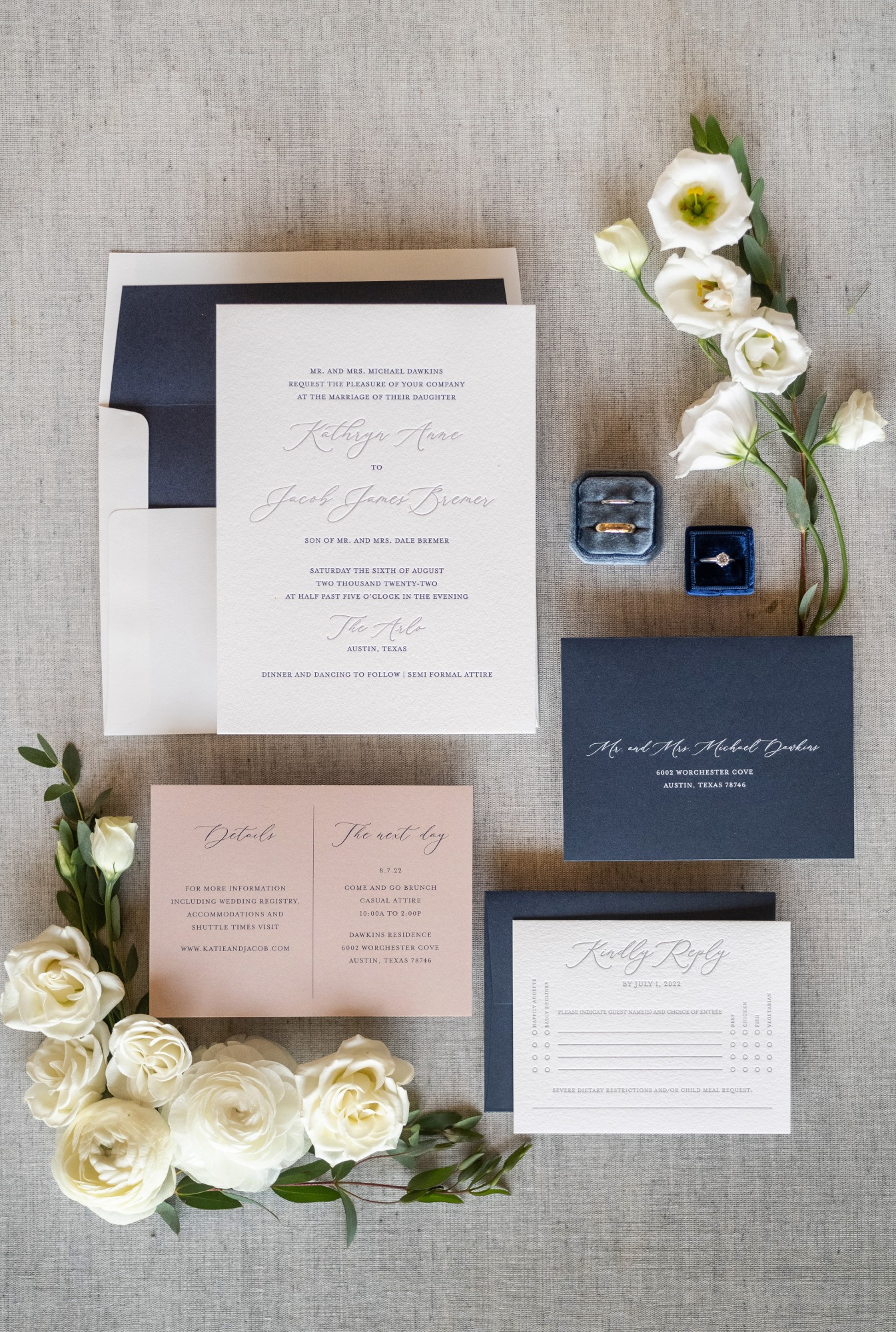 navy blue and white wedding stationery