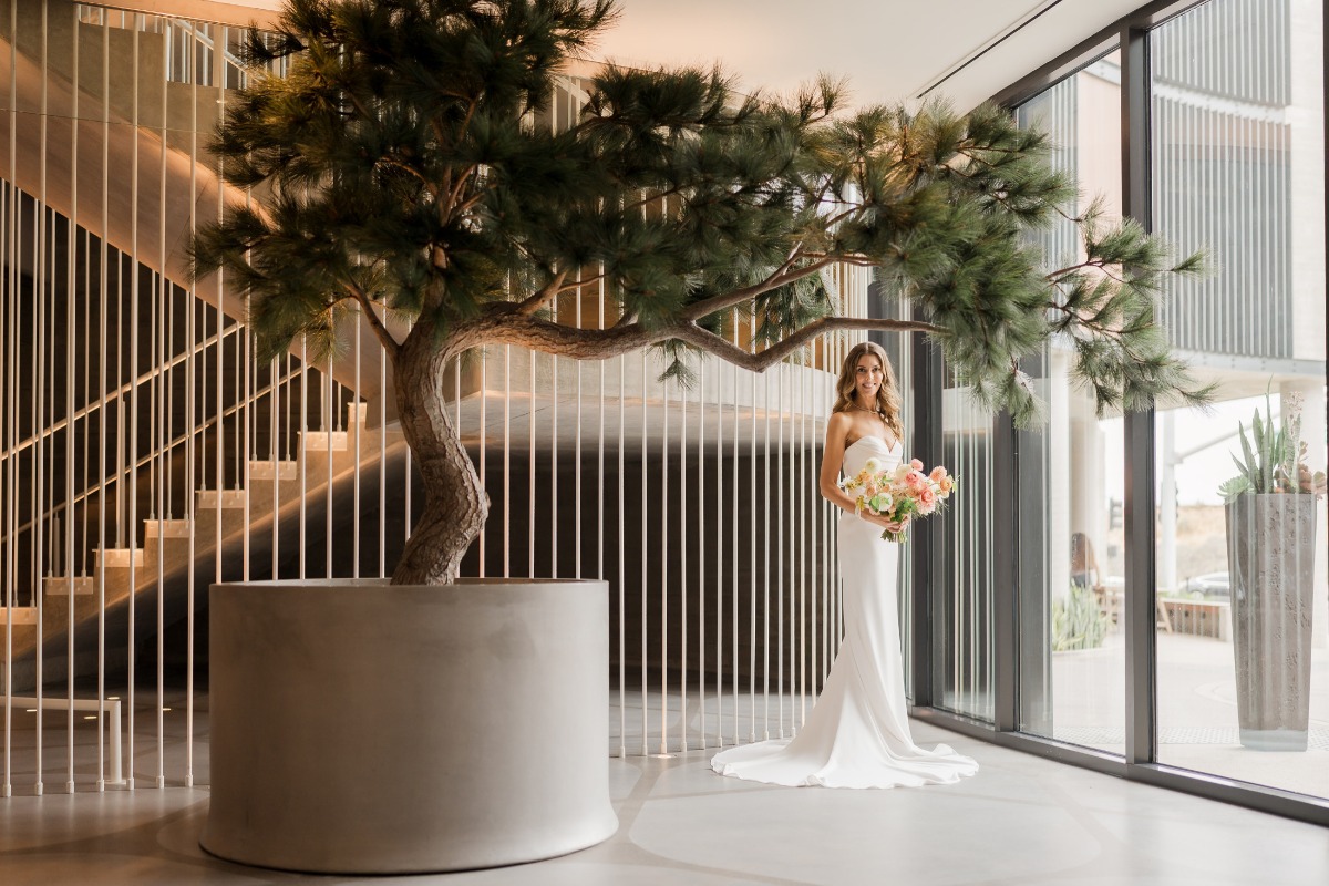Gorgeous California bride with bonsai tree