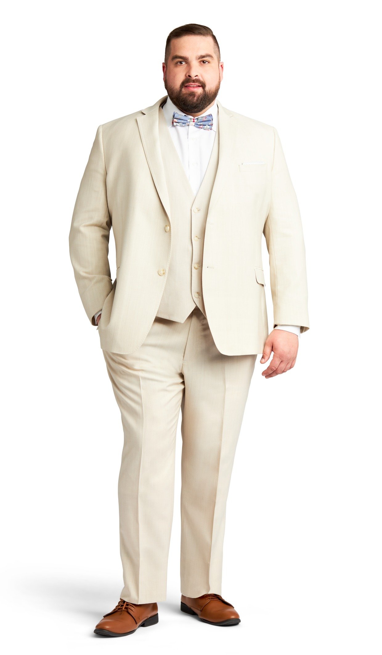 Tan big and tall stretch three piece suit from Stitch & Tie