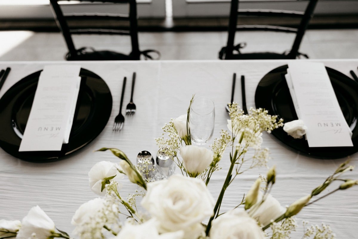 black and white place settings