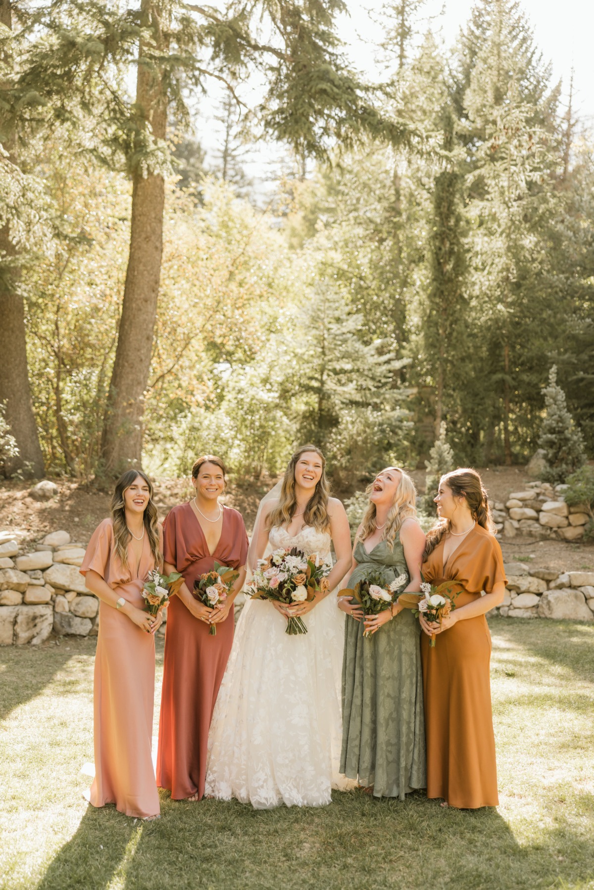 bridesmaids in mix and match fall colors