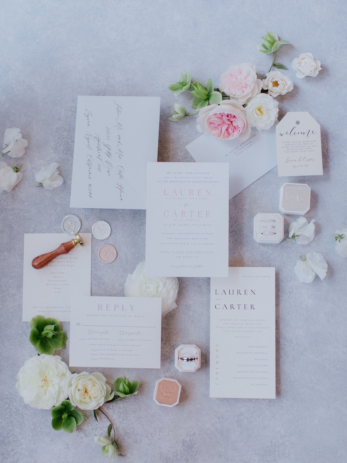 light pink and white wedding stationery