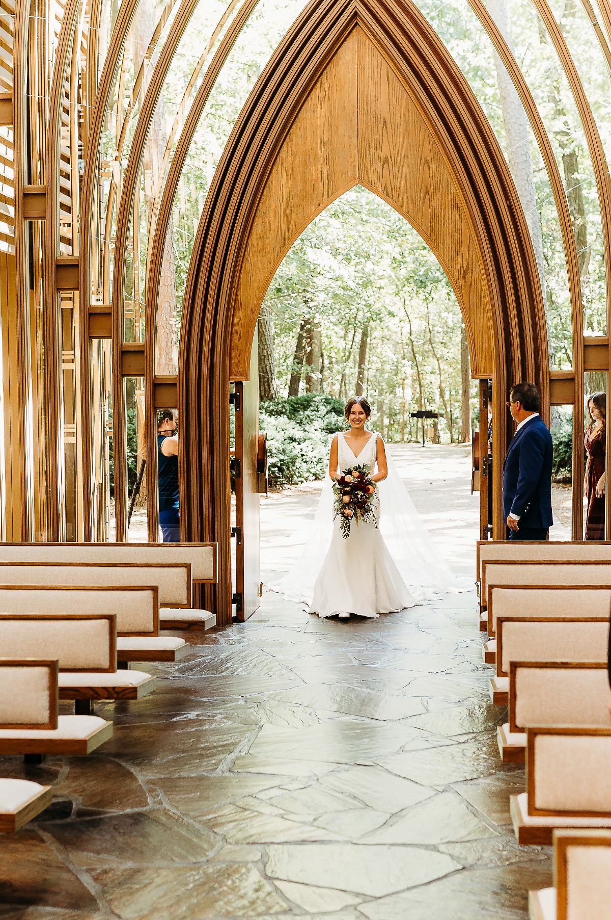 bride walking down the aisle at Mildred B. Cooper Chapel