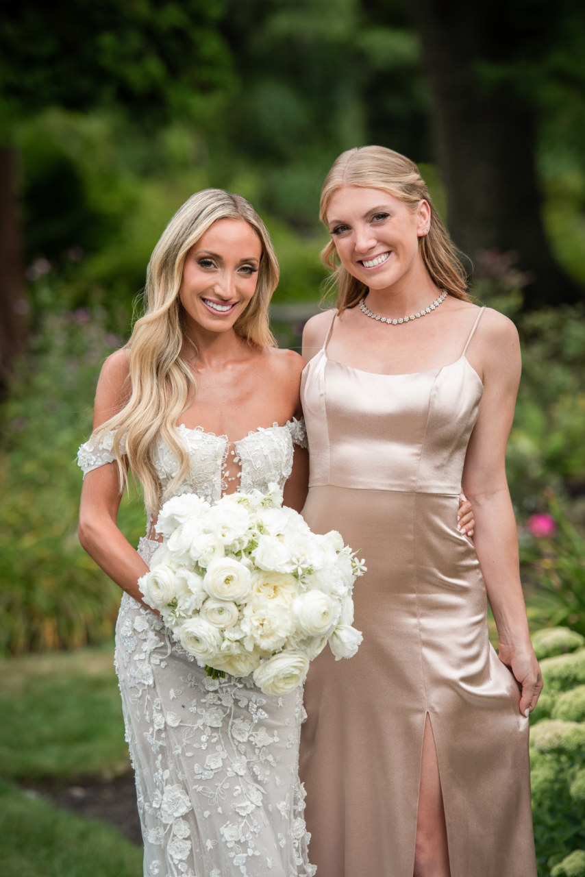 champagne satin bridesmaid dresses with bride in lace gown