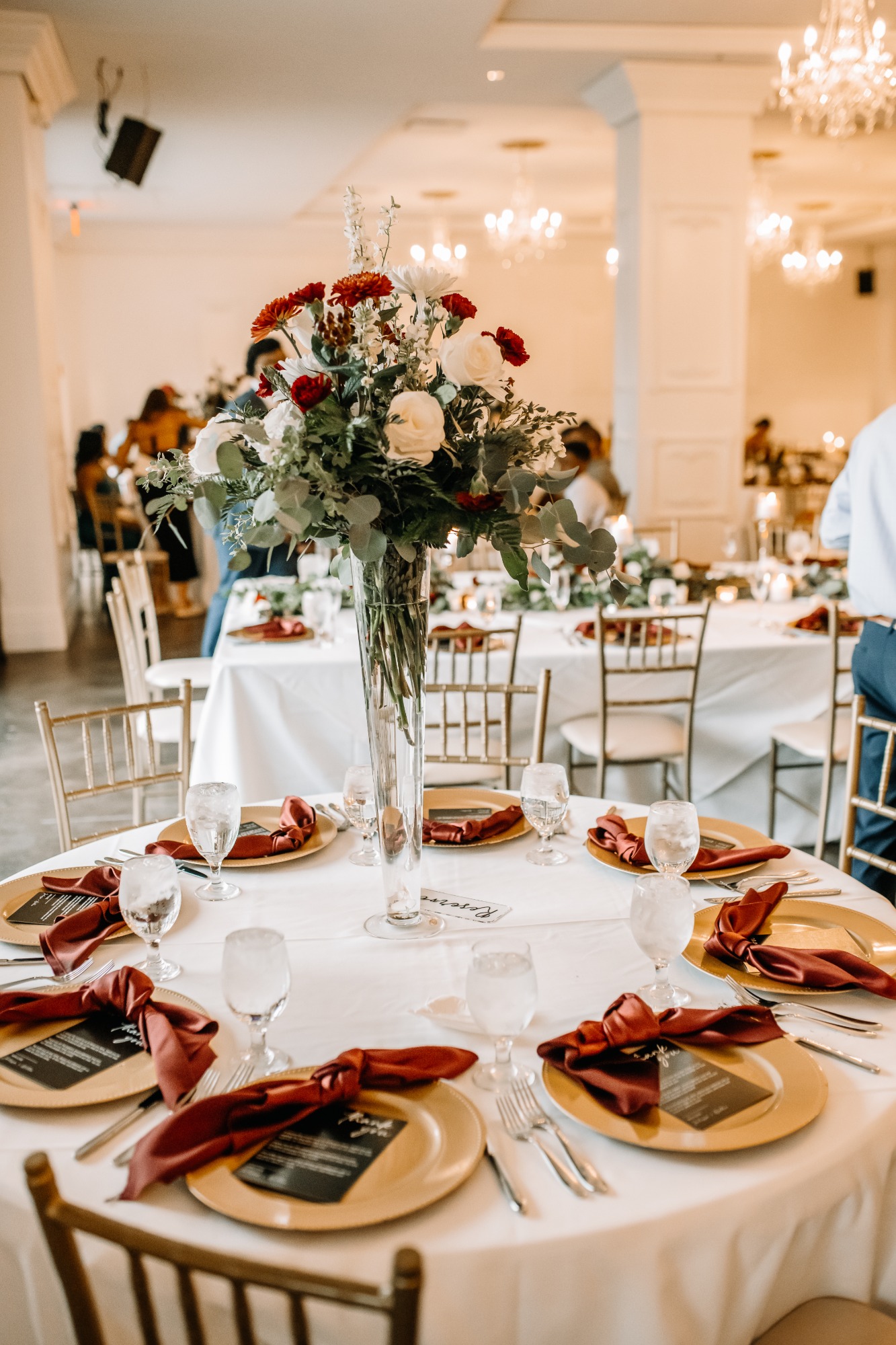 red, white and gold wedding reception