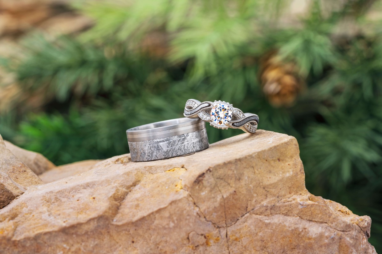 diamond and meteorite wedding ring set by Jewelry by Johan