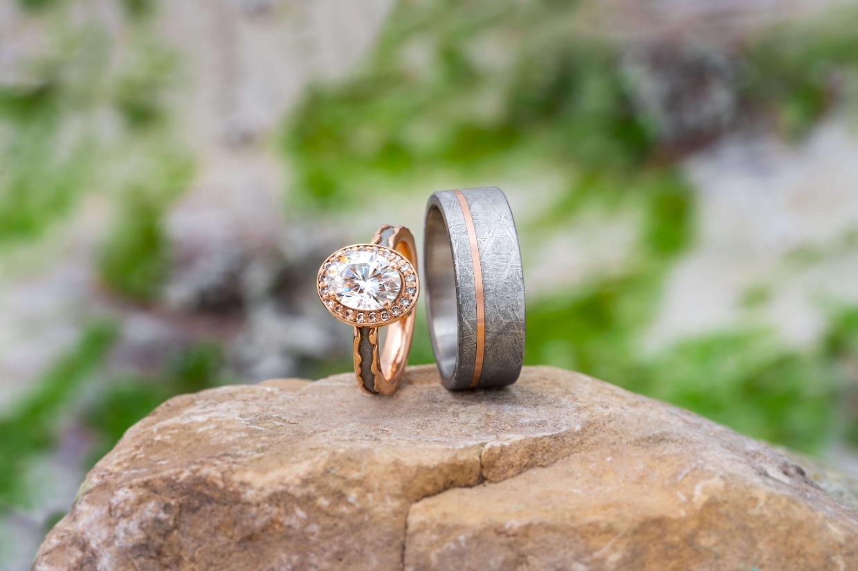 rose gold, diamond, and meteorite wedding ring set by Jewelry by Johan