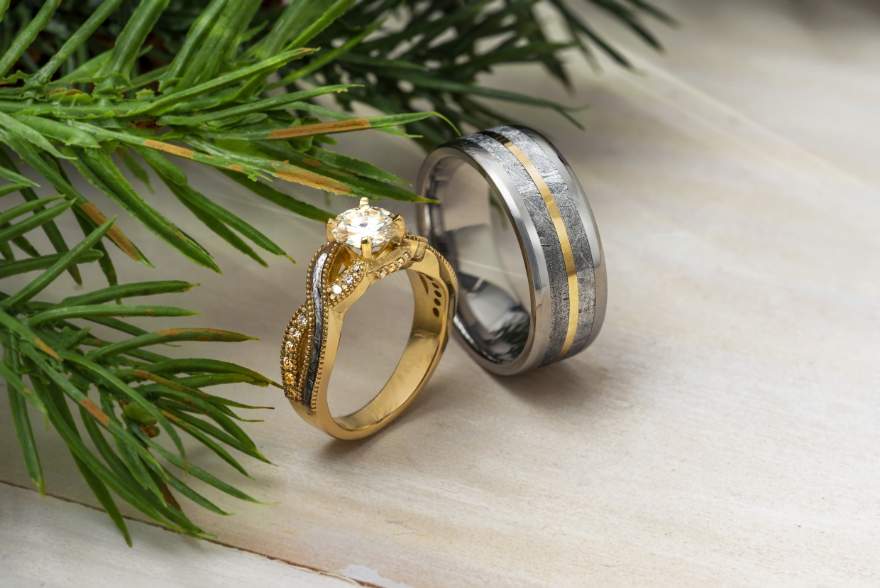 yellow gold, meteorite, and diamond wedding ring set by Jewelry by Johan