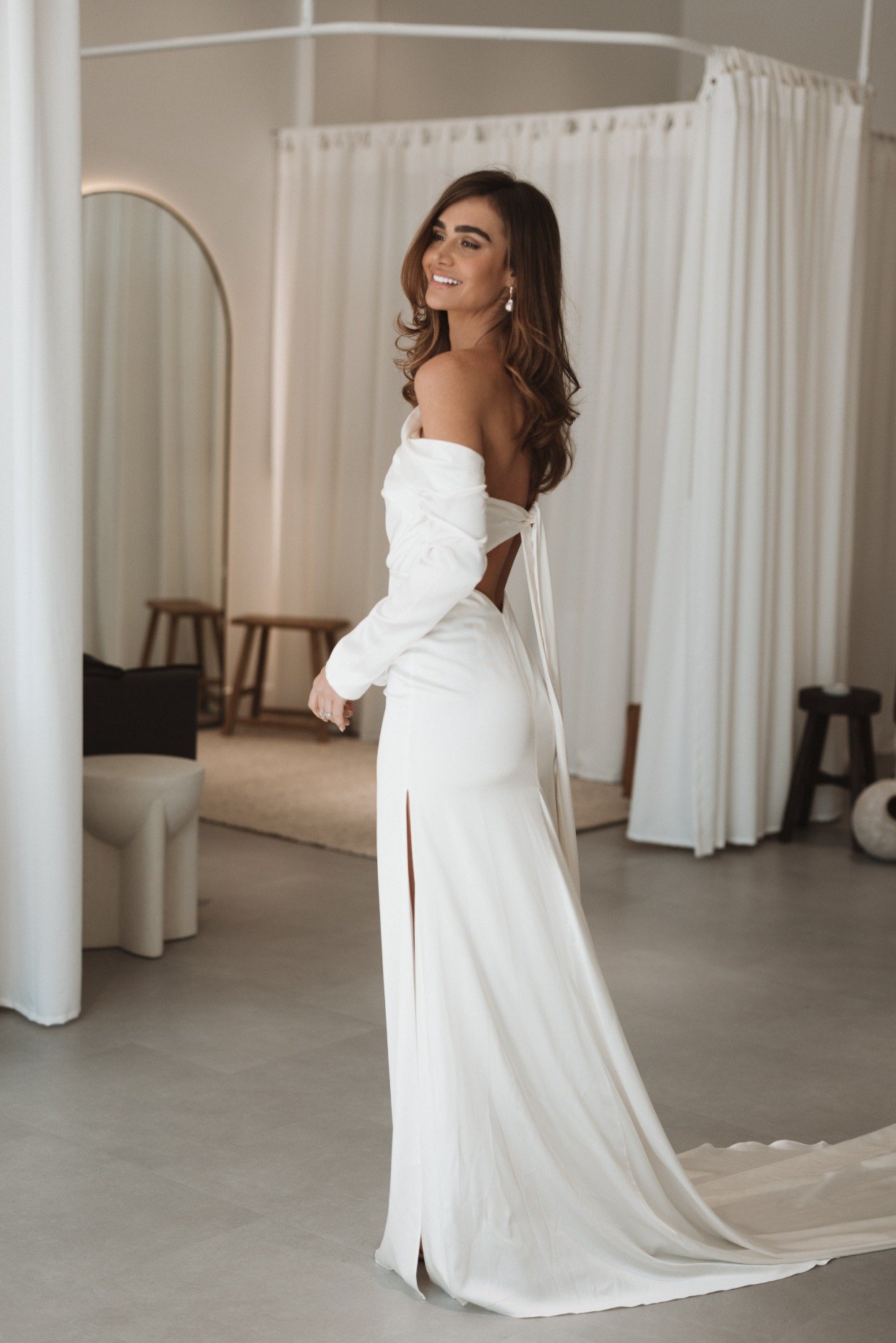 off the shoulder long sleeve open back wedding gown from Grace Loves Lace