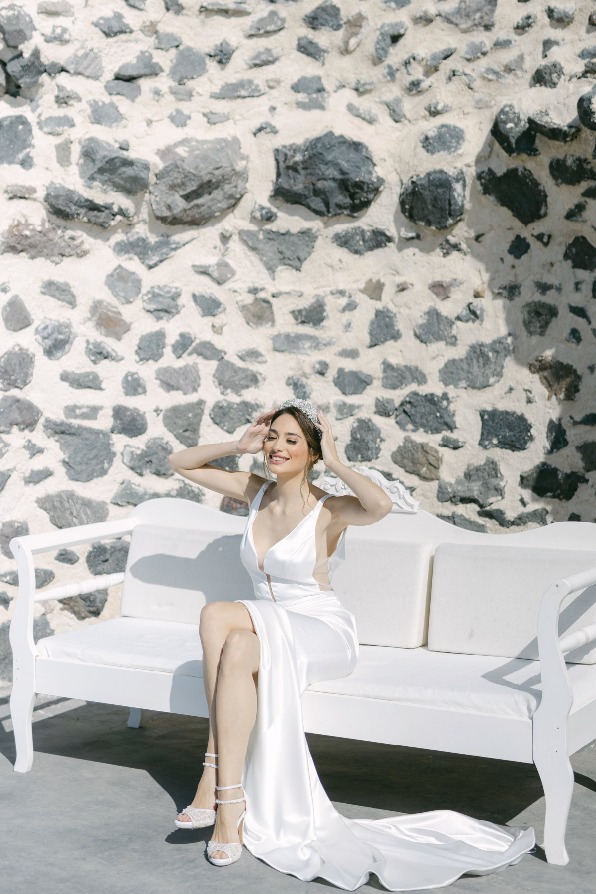 Bride getting ready at Greek elopement