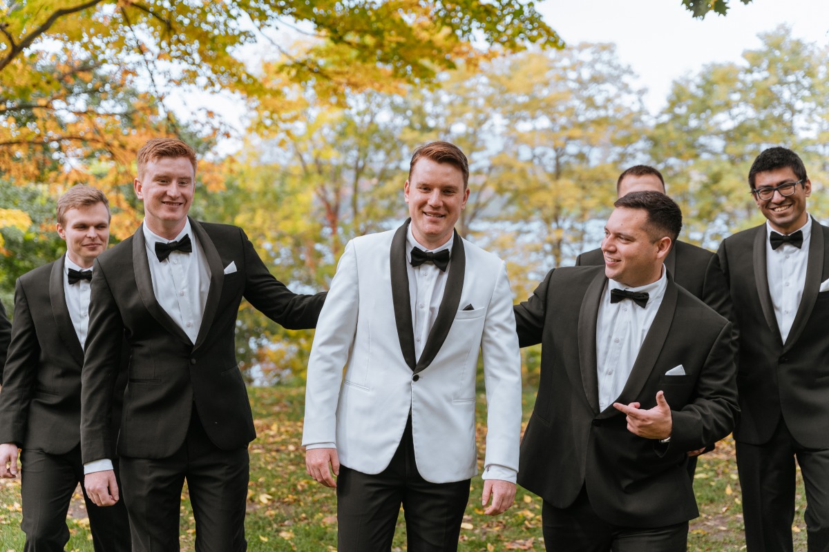 Monochrome groomsmen tuxedos