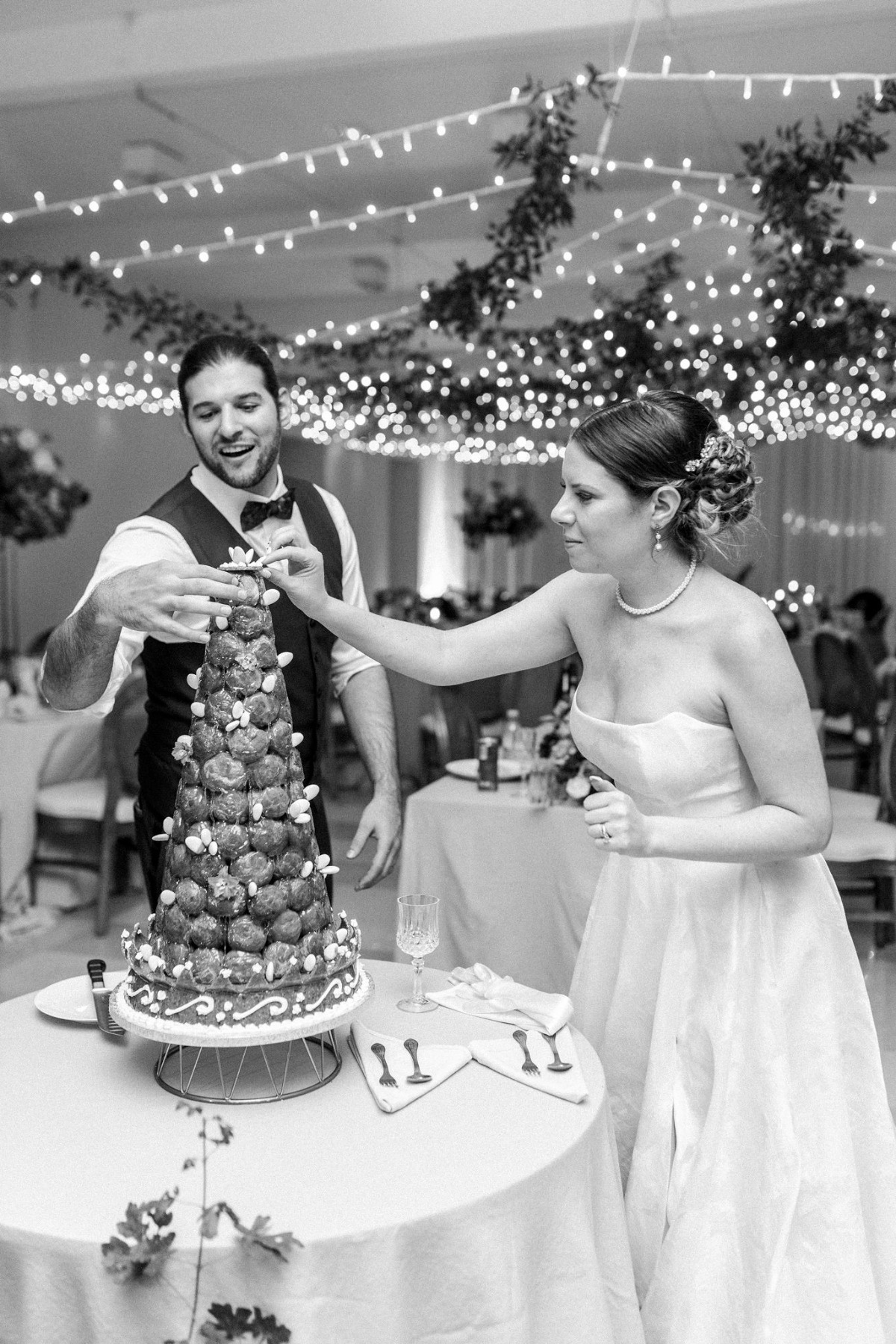 Croquembouche wedding cake cutting 