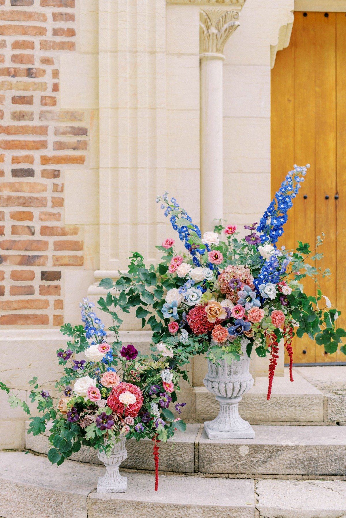 Colorful wedding chapel bouquets