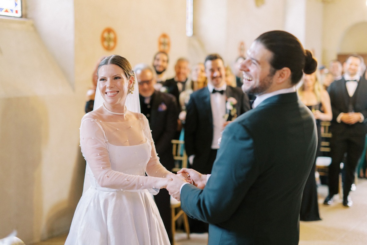 Joyful bride and groom at French ceremony