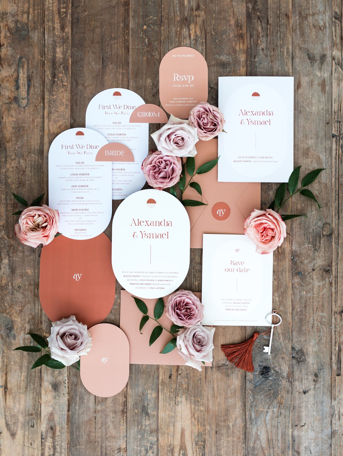 peach and terracota modern wedding invitations