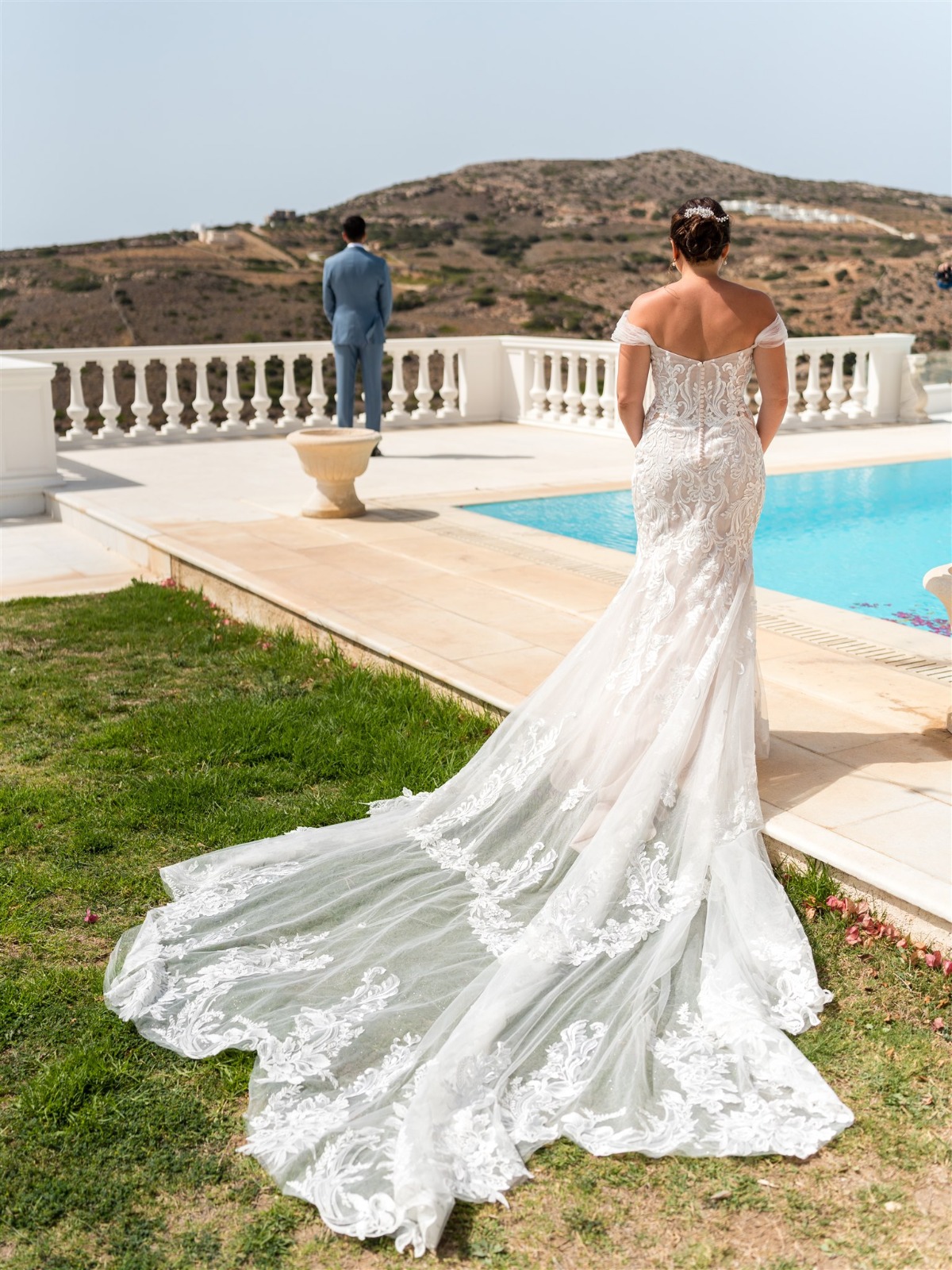 bride and groom first look in Greece