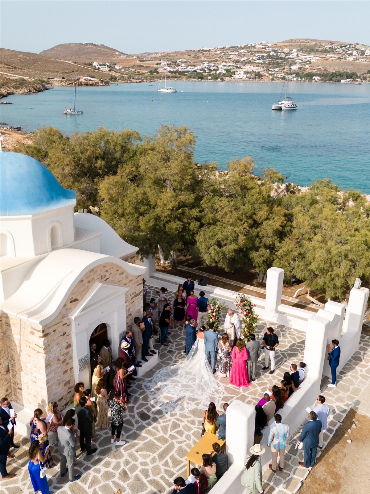 blue and white Greek chapel wedding