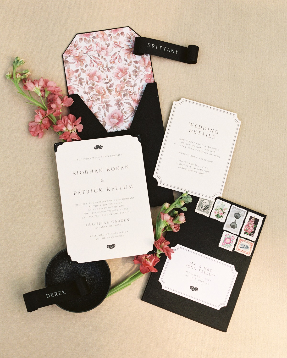 floral print pink and black wedding invitation suite