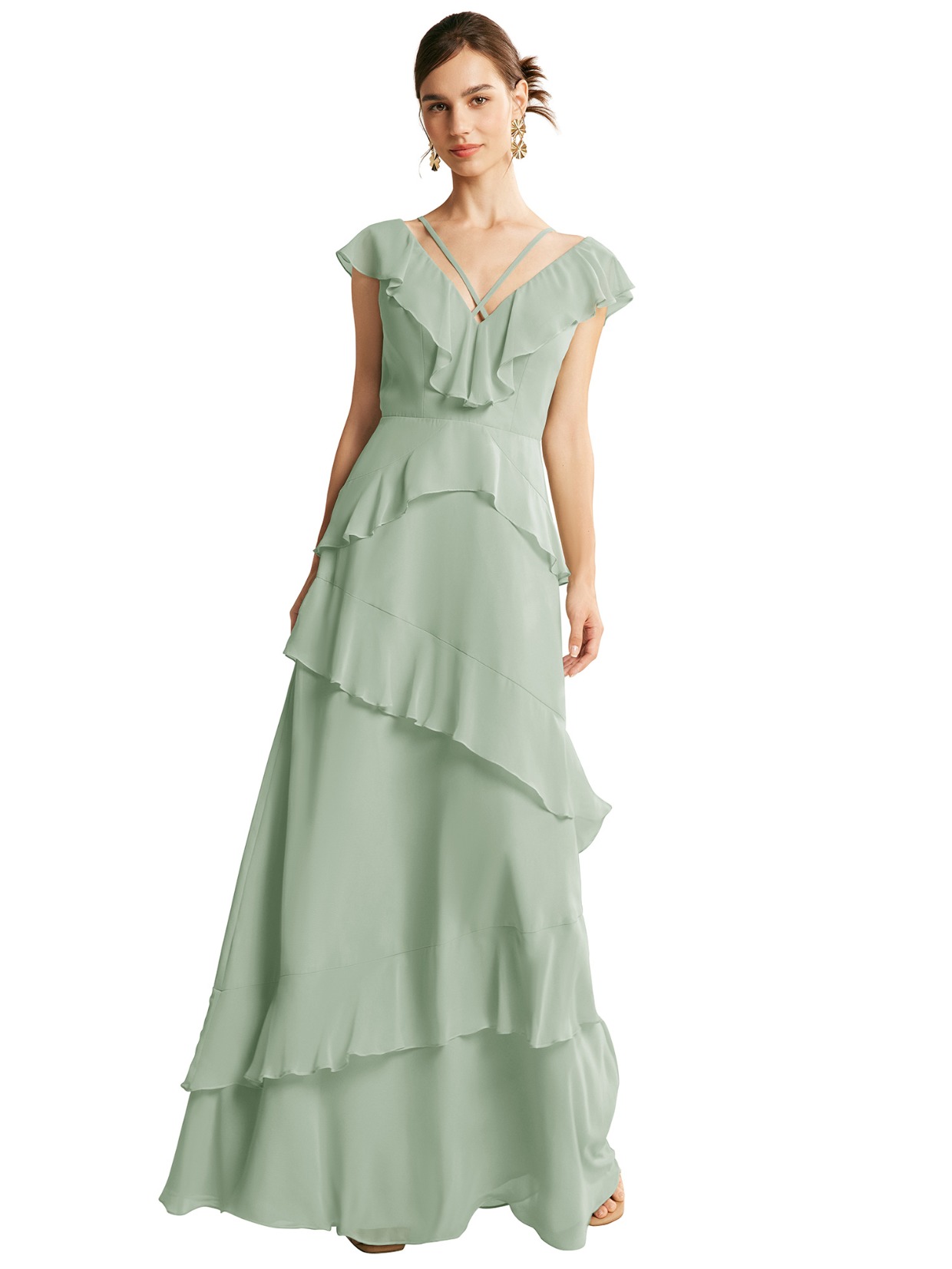 strappy ruffled bridesmaid dress in sage green from AW Bridal