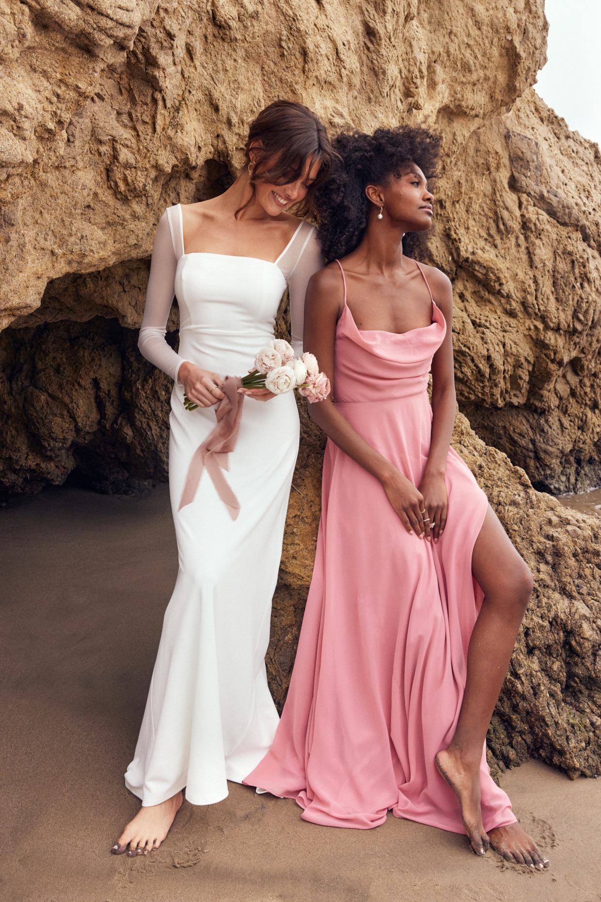 long sleeve wedding gown and pink bridesmaid dress from Lulus